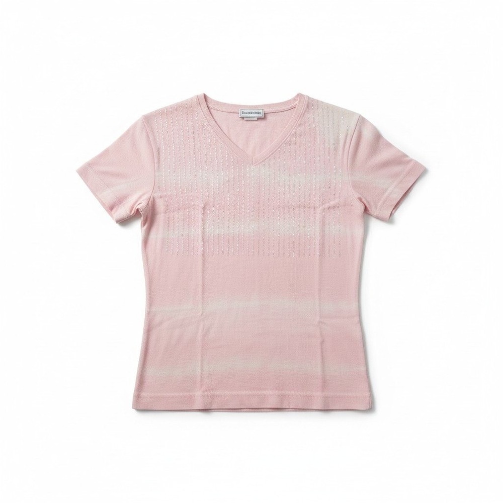 Jacobson's Pink Striped V-Neck, Women's Medium T Shirt, Sequins, Summer Top